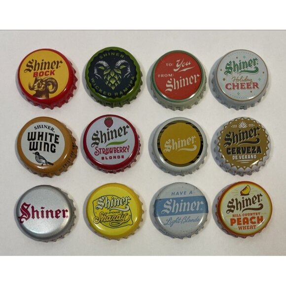 Lot of 12 Different Shiner Bock Texas Beer Bottle Caps Twist Top Lid - Picture 1 of 9